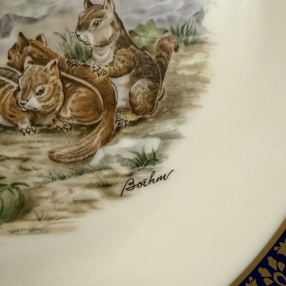 Vintage Lenox Plate Boehm WOODLAND WILDLIFE Easter Chipmunks  24k Gold trim '76 - Picture 3 of 10